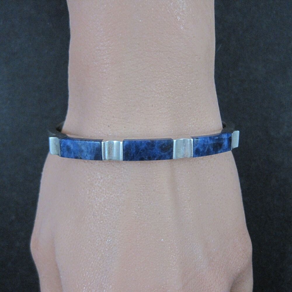Sodalite Bangle Bracelet Vintage Sterling Mexican Silver 6.5"